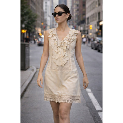 Sheri Bodell 100% Silk Ruffle Mini Dress • Cream Boho Lace • Party / Resort XS