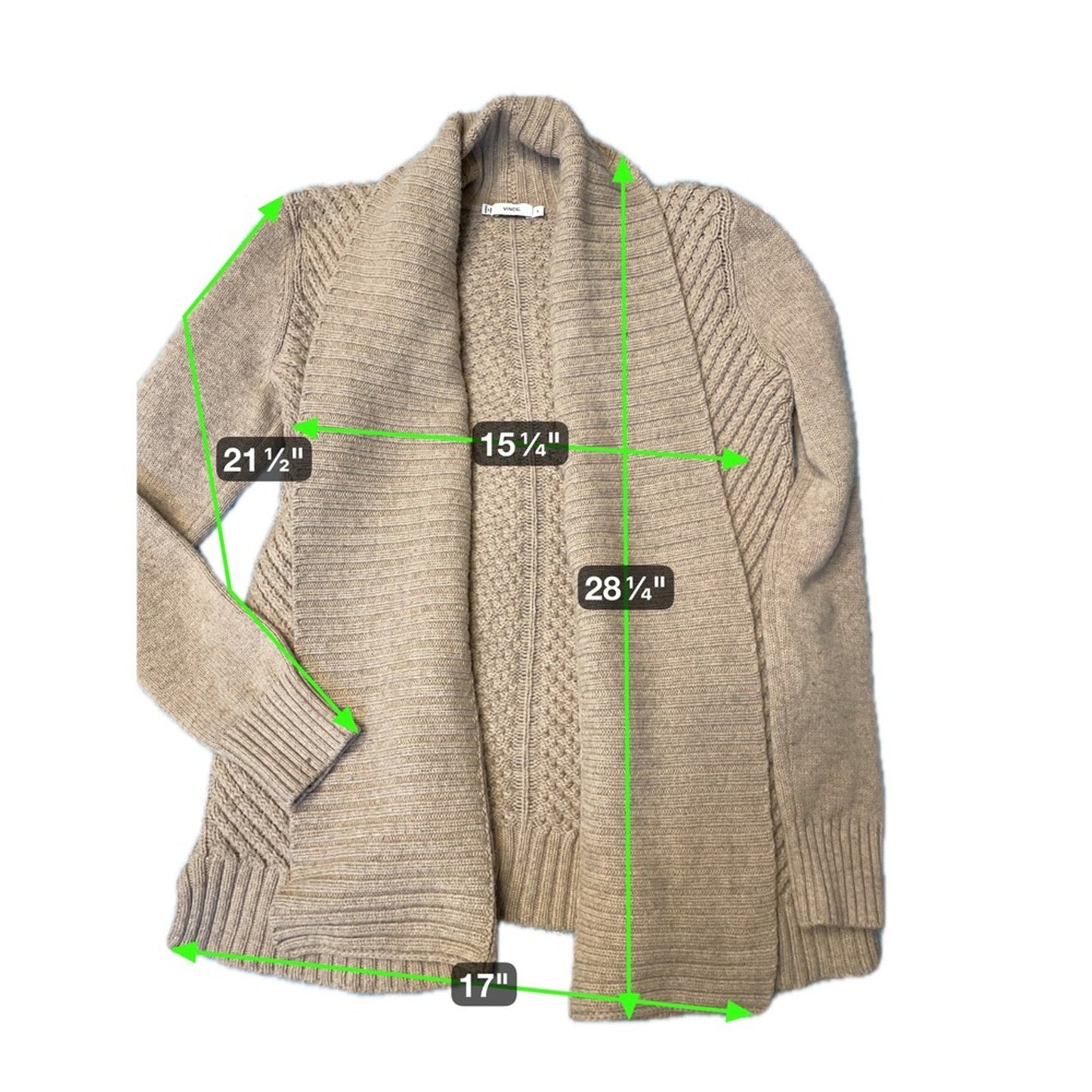 Vince Open Front Cardigan Sweater Beige Knit Shawl Collar Cable Knit Women's M