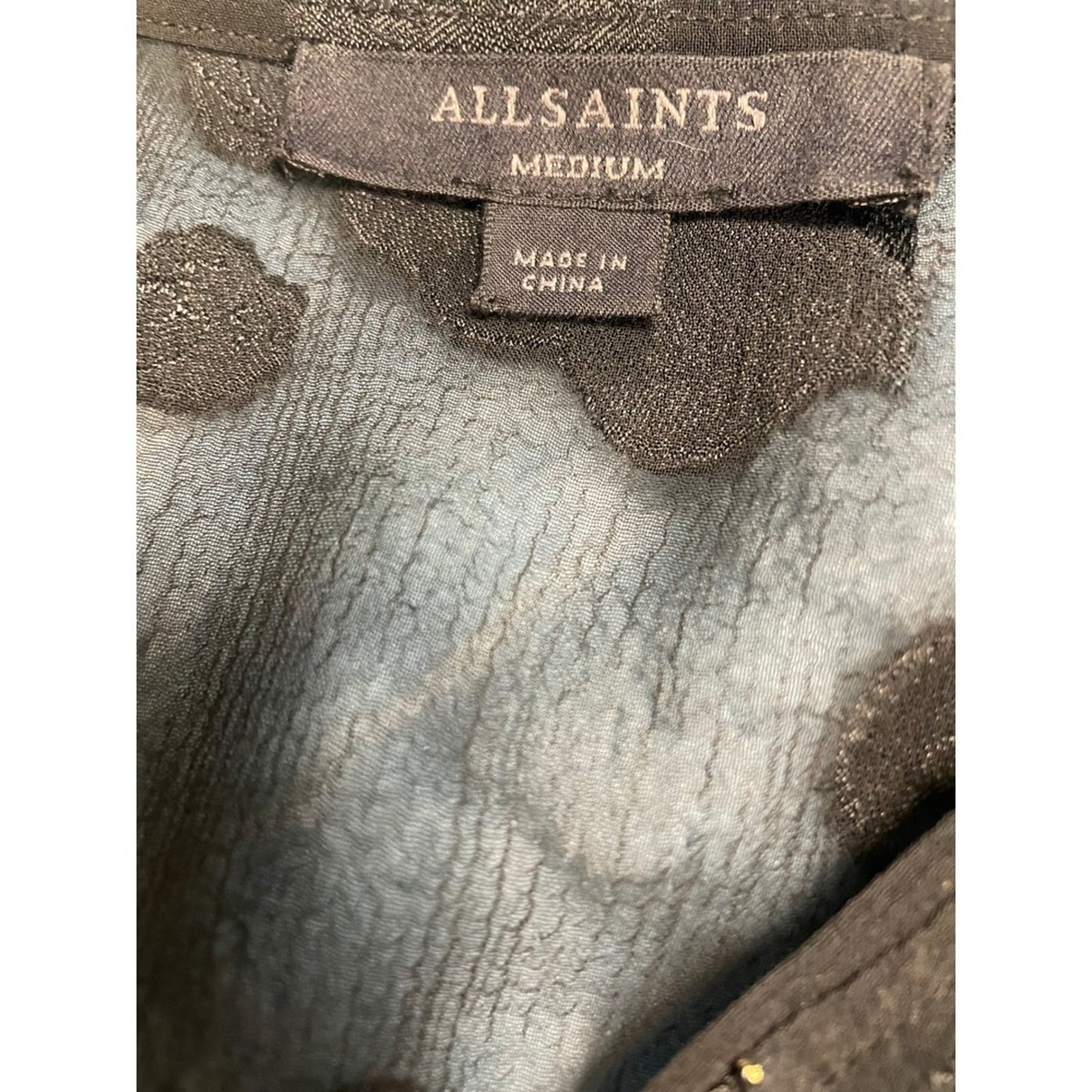 ALLSAINTS Black Floral Metallic Sheer Long Sleeve V Neck Tiered Mini Dress M