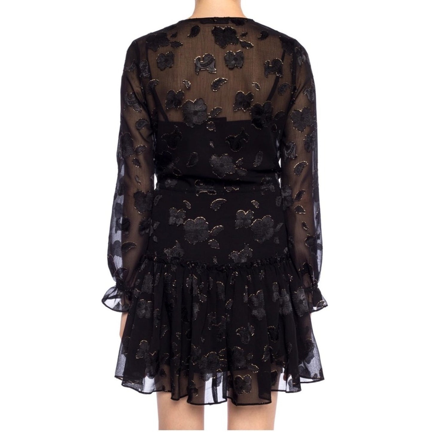 ALLSAINTS  Black Floral Metallic Sheer Long Sleeve Ruffle Tiered Mini Dress Med