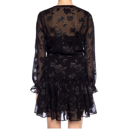 ALLSAINTS  Black Floral Metallic Sheer Long Sleeve Ruffle Tiered Mini Dress Med