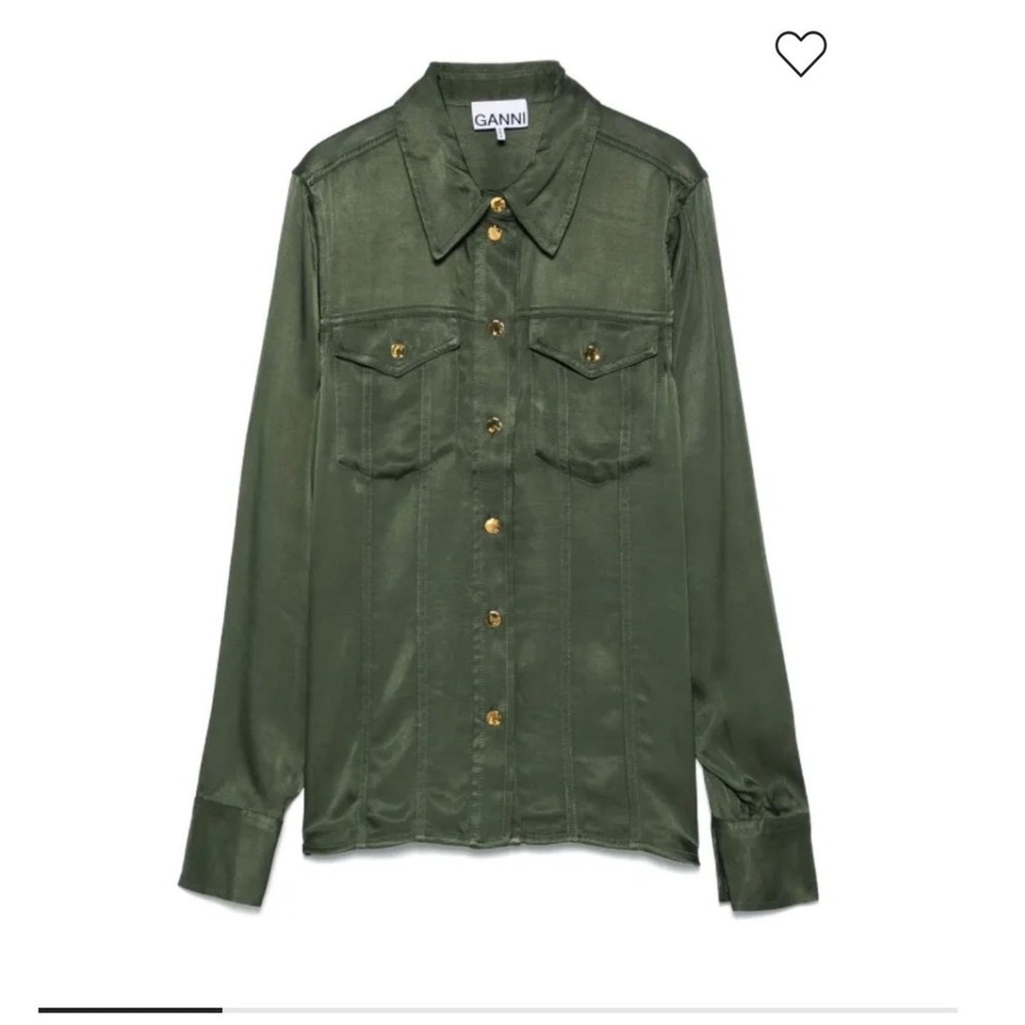 GANNI Satin Utility Shirt Olive Green Long Sleeve Button Up Pockets Size S