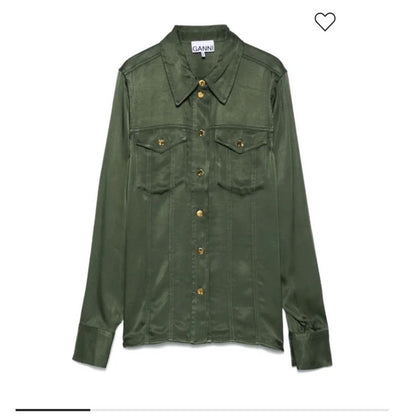 GANNI Satin Utility Shirt Olive Green Long Sleeve Button Up Pockets Size S