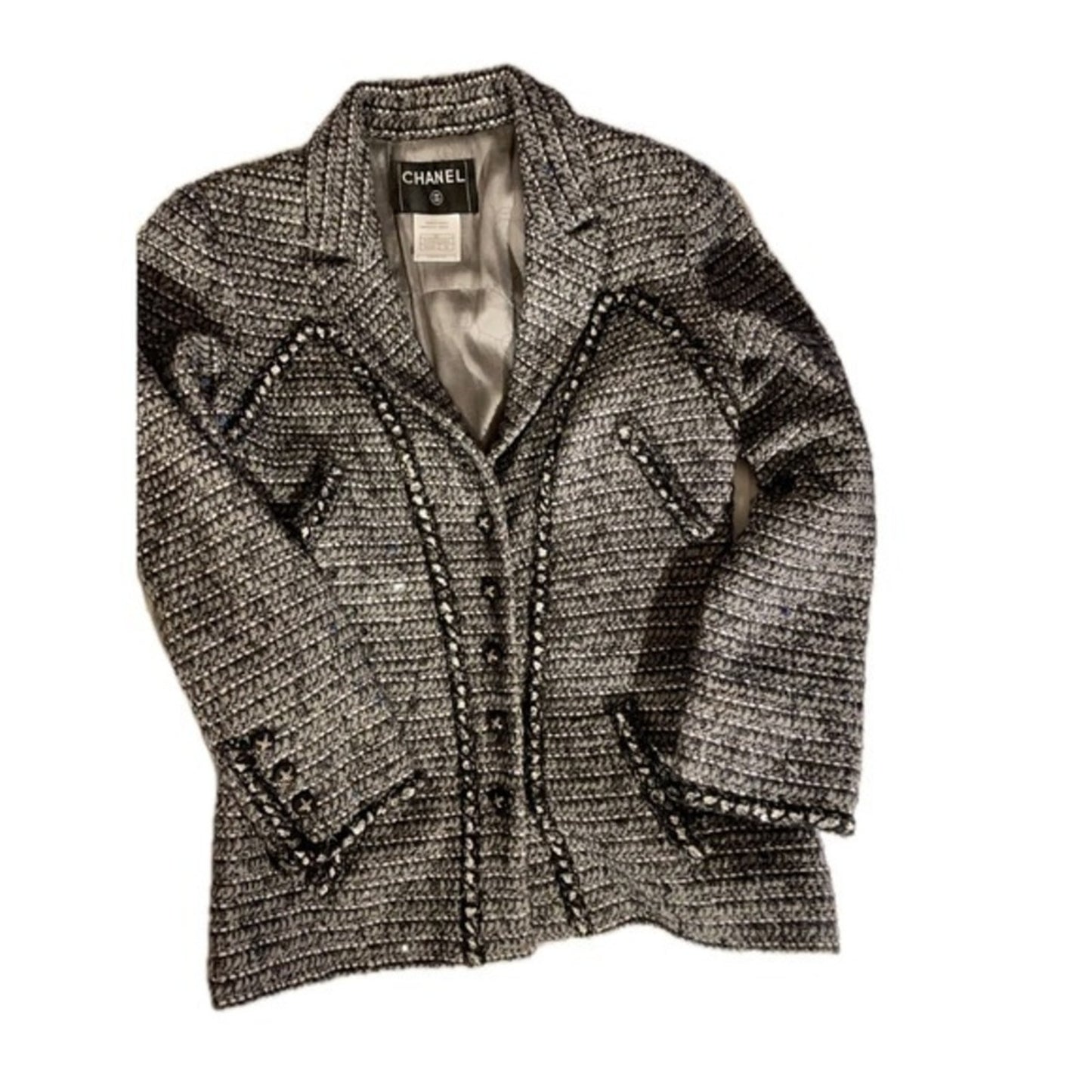 Chanel Black White Tweed Embellished Jacket Blazer & Dress  in France Size 40