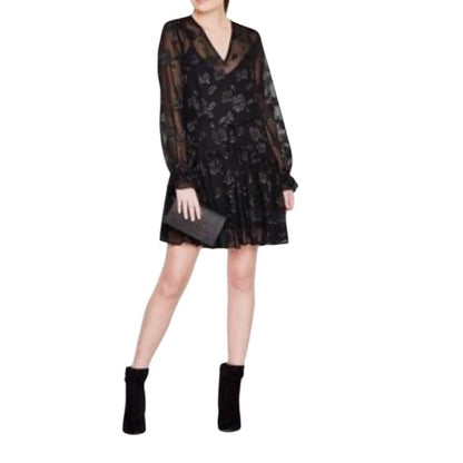 ALLSAINTS  Black Floral Metallic Sheer Long Sleeve Ruffle Tiered Mini Dress Med
