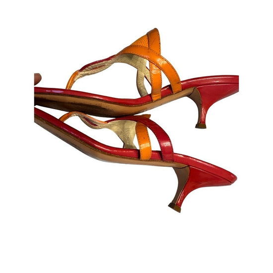 Prada Orange Fabric Leather Thong Heeled Sandals Size 38.5 Kitten Heel