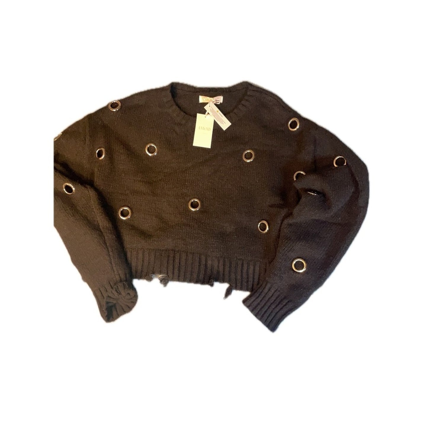 ANWND Los Angeles Black Distressed Eyelet Cropped Sweater Size Large