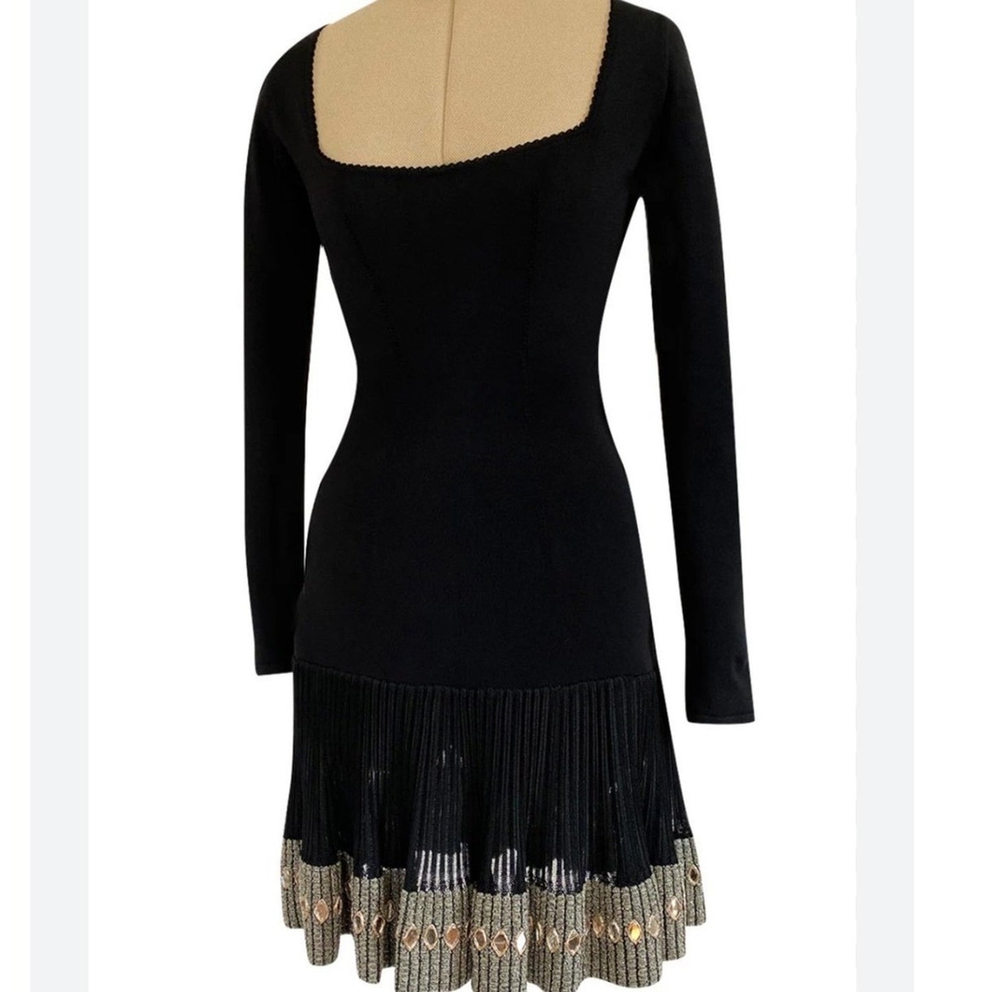 Alaia Black Long Sleeve Square Neck Pleated Skirt Dress Size S