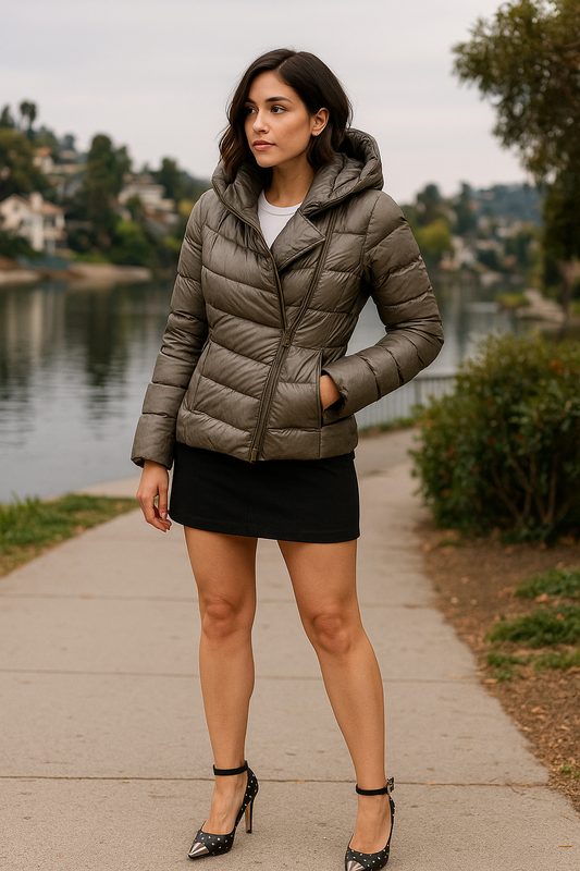Helmut Lang Gray Down Puffer Jacket with Hood Asymmetrical Zip Womens Small S