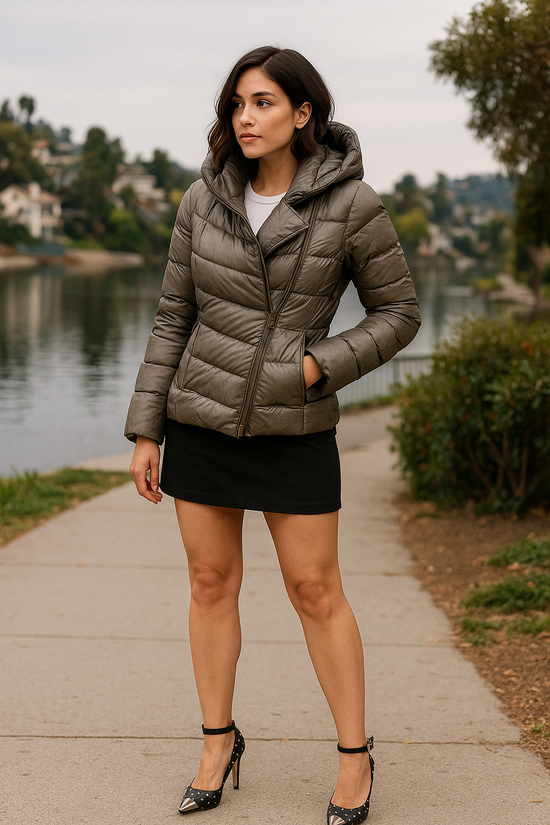 Helmut Lang Gray Down Puffer Jacket with Hood Asymmetrical Zip Womens Small S