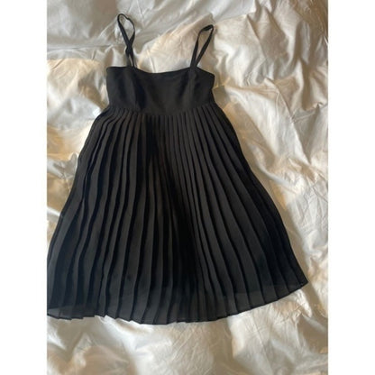 MAX & CO Black Pleated Midi Dress Spaghetti Straps A Line Square Neck