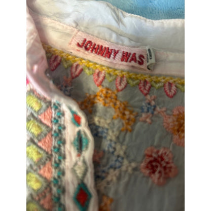 Johnny Was Embroidered Tunic Women Size S Pink Boho Floral Sharkbite Hem
