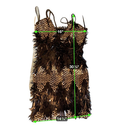 Banjul Black Gold Sequin Fringe V Neck Spaghetti Strap Mini Dress L Grande