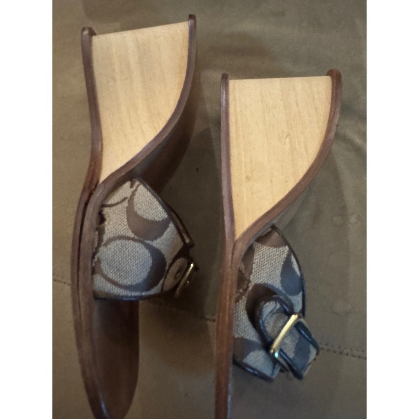Coach Monogram Wedge Sandals 2000s Y2K Brown Logo Buckle Heels Size 7.5
