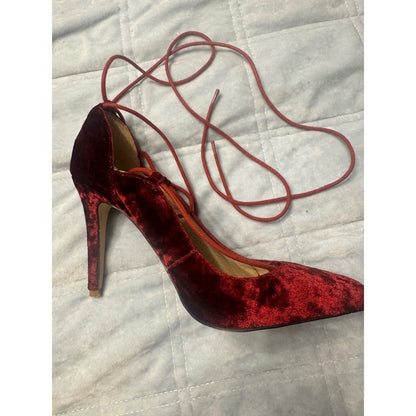 Rave Red Velvet Heels Pointed Toe Lace Up Ankle Tie Pumps Party Shoes size 37
