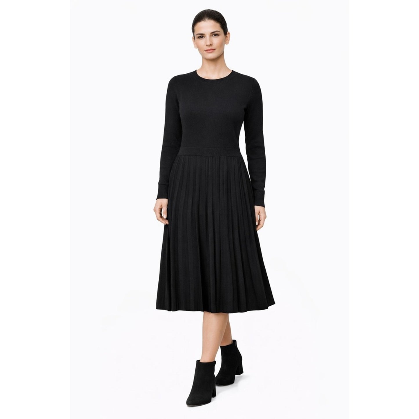 BOSS Hugo Boss Women Black Pleated Knit Sweater Dress Midi Long Sleeve Size M