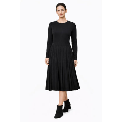 BOSS Hugo Boss Women Black Pleated Knit Sweater Dress Midi Long Sleeve Size M