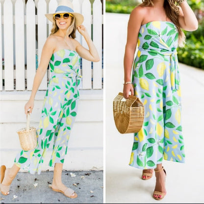 Anthropologie Maeve Blue and‎ Green Geometric Lemon  Strapless Jumpsuit