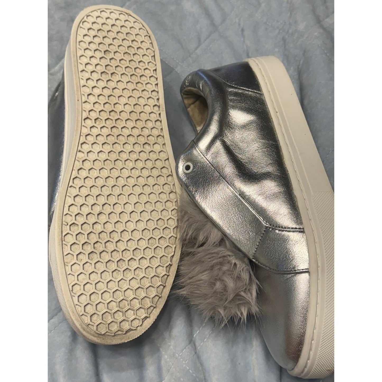 Sam Edelman Women's LEYA US 10.5 Silver Leather Faux Fur Slip On Sneakers