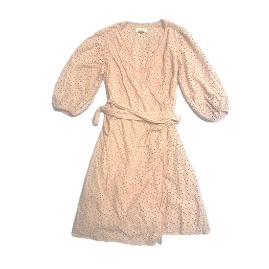 Velvet Graham Spencer Eyelet Wrap Dress XS Pink Beige Made in USA Puff Sleeve