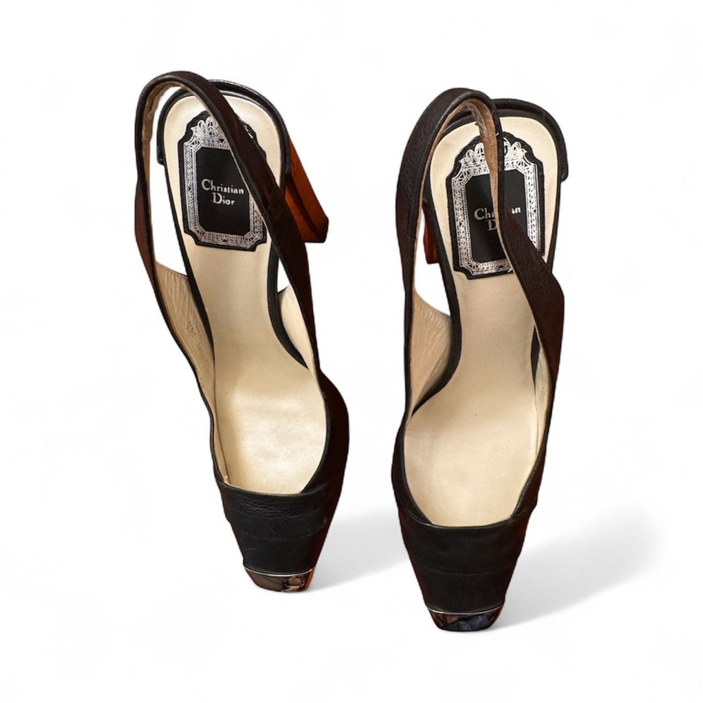 Christian Dior Slingback Heels Black Leather Silver Toe Cap Pumps Elegant S 8.5