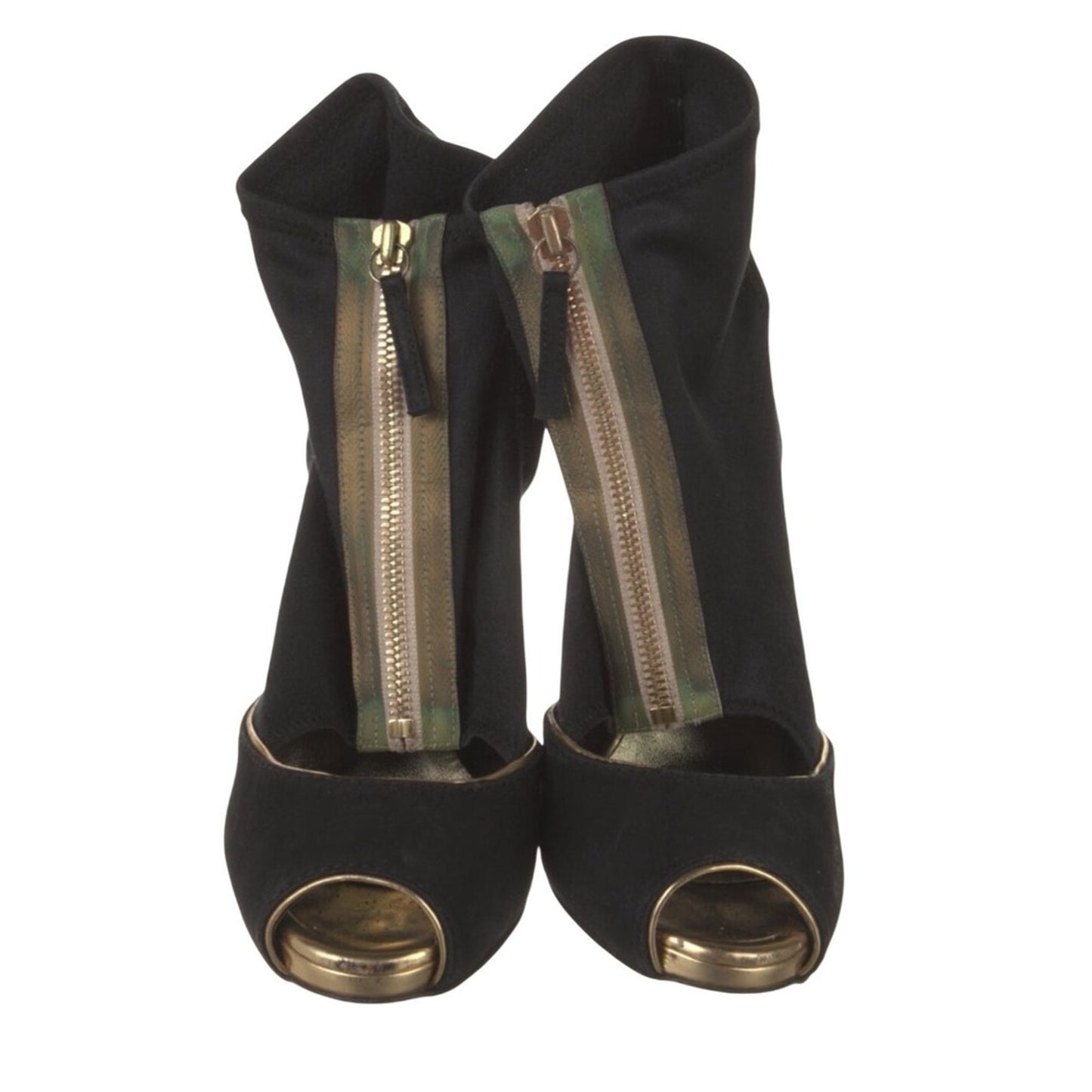 Stella McCartney
Suede Pumps Black Peep Toe Stiletto Booties Gold Heel size 7