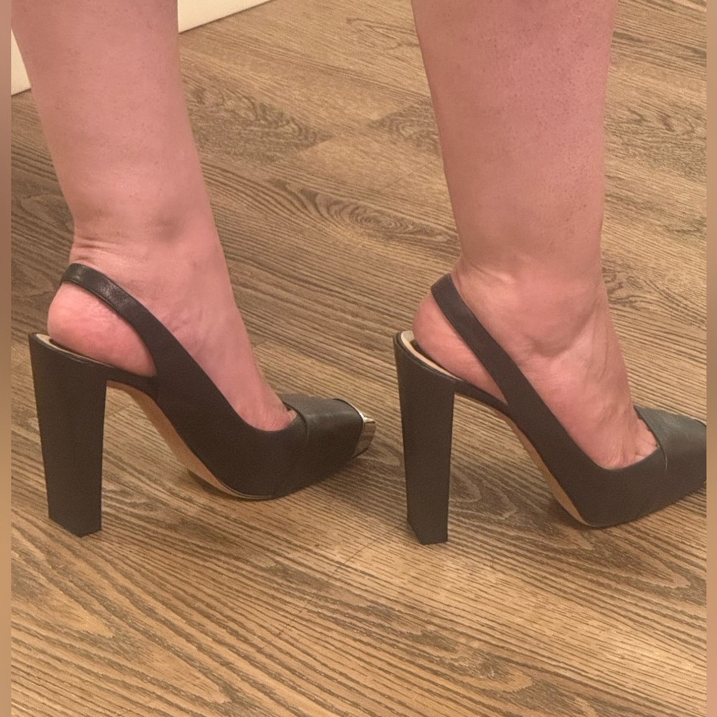 Christian Dior Slingback Heels Black Leather Silver Toe Cap Pumps Elegant S 8.5