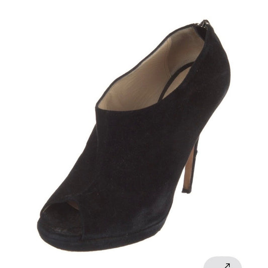 Jimmy Choo Suede Peep Toe Booties Womens 39 Black Good Back Zip Stiletto Heels