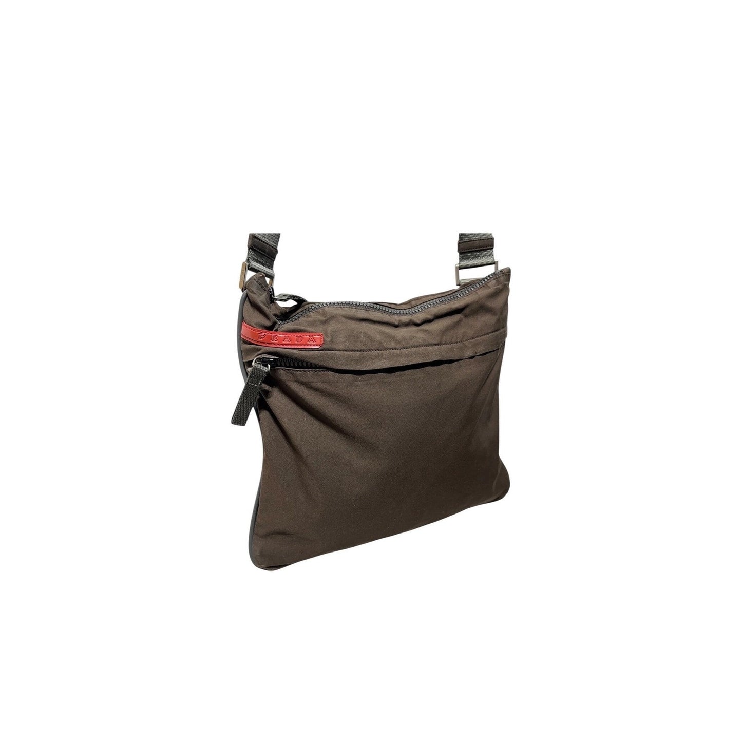 Prada Linea Rossa Crossbody Bag Brown Nylon 4VA031 Sport Messenger Red Logo