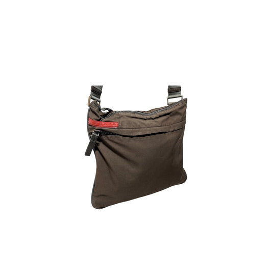 Prada Linea Rossa Crossbody Bag Brown Nylon 4VA031 Sport Messenger Red Logo