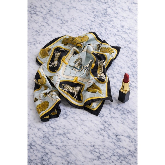 Hermès "Grand Apparat" 100% Silk Scarf 90cm – Equestrian Gold Black Hand-Rolled