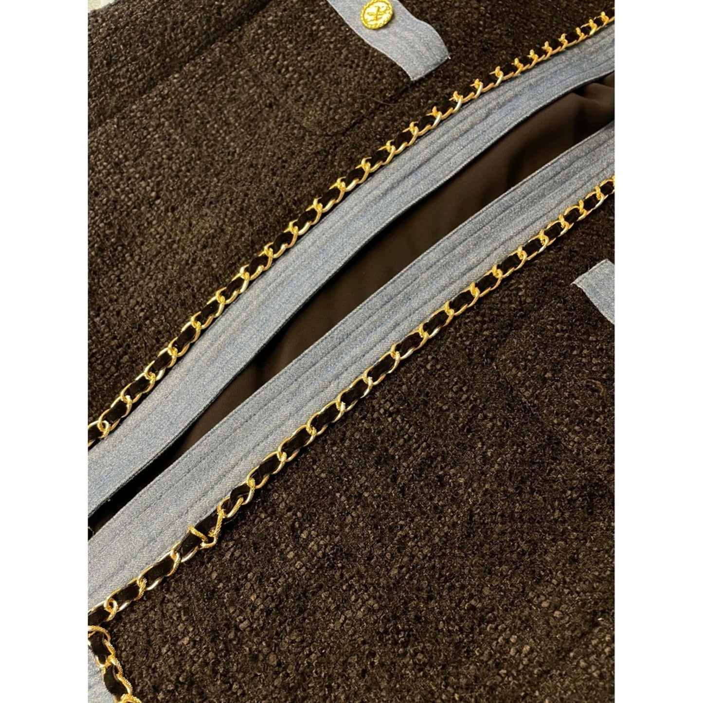 EDWARD ACHOUR PARIS Tweed Chain Trim Blazer Light Blue Trim Gold Buttons size S