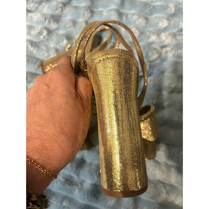 Sam Edelman Gold Bow Heeled Sandals | Metallic Evening Shoes | Size 8