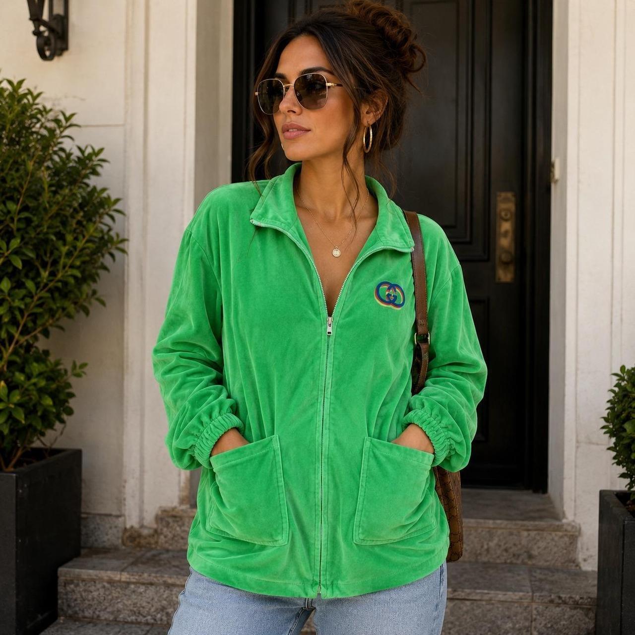 Gucci Green Velour Zip Up Track Jacket Rainbow Interlocking G Logo XS  in Italy