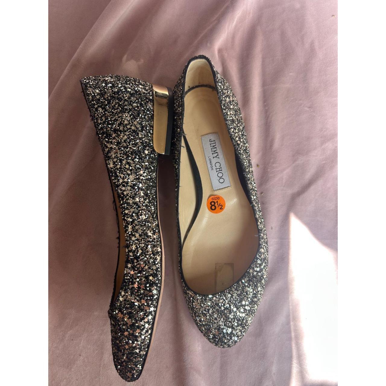 Jimmy Choo Genevi Star Coarse Glitter Toe Flats Gold Heel Black Silver 39
