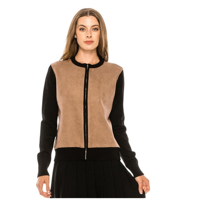 Color Block Zip Up Bomber Jacket Tan Black Ribbed Knit Collar Cuff Hem
