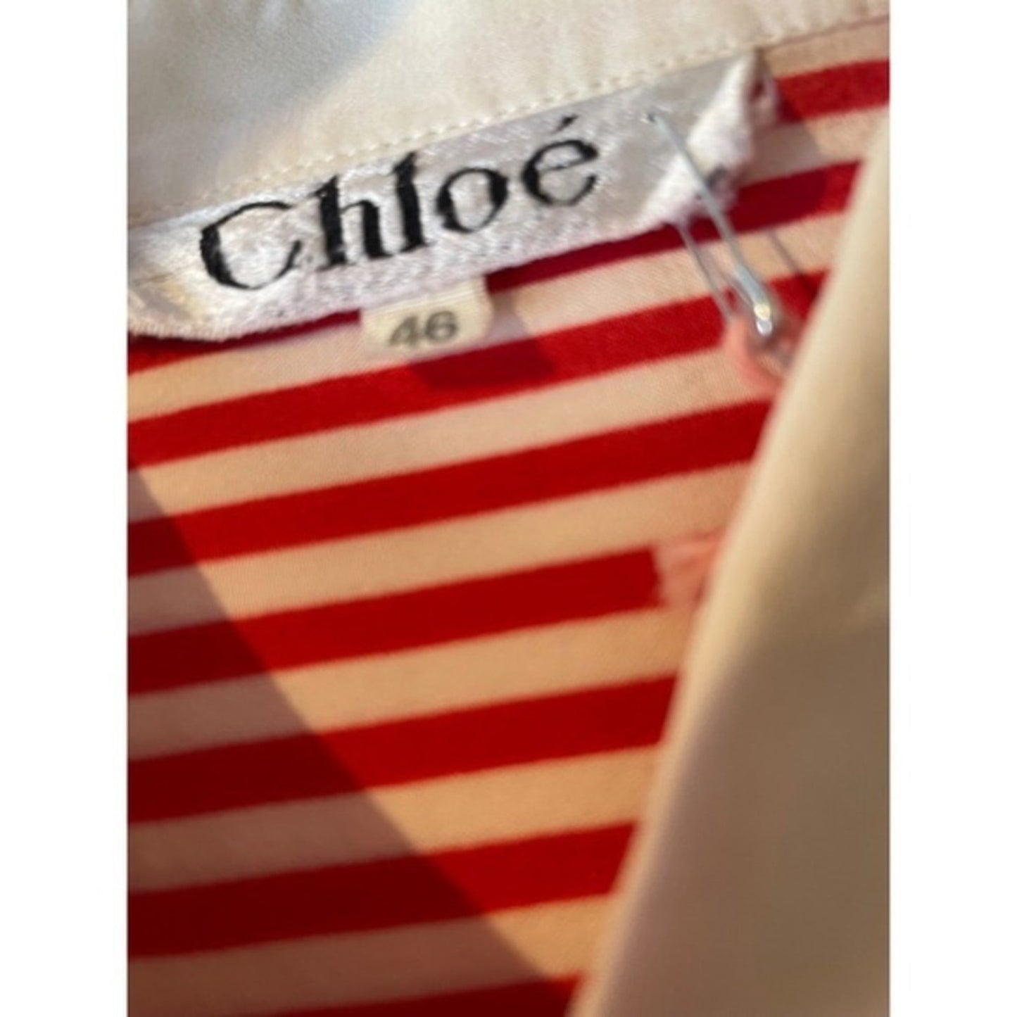 Chloe Red White Stripe Button Up Short Sleeve Collared Shirt Size 46 Large