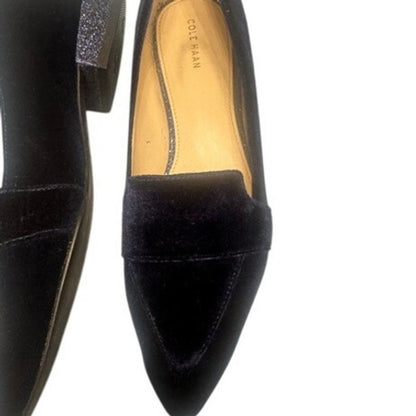Cole Haan Marlee Skimmer II Navy Velvet Loafers Glitter Block Heels Size 9B