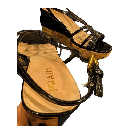 Prada black patent leather cork wedge sandals, made in Italy, size 38.5, /8