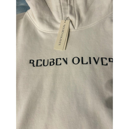 NWT REUBEN OLIVER Cream White Embroidered Logo Hoodie Pullover Sweatshirt Size L