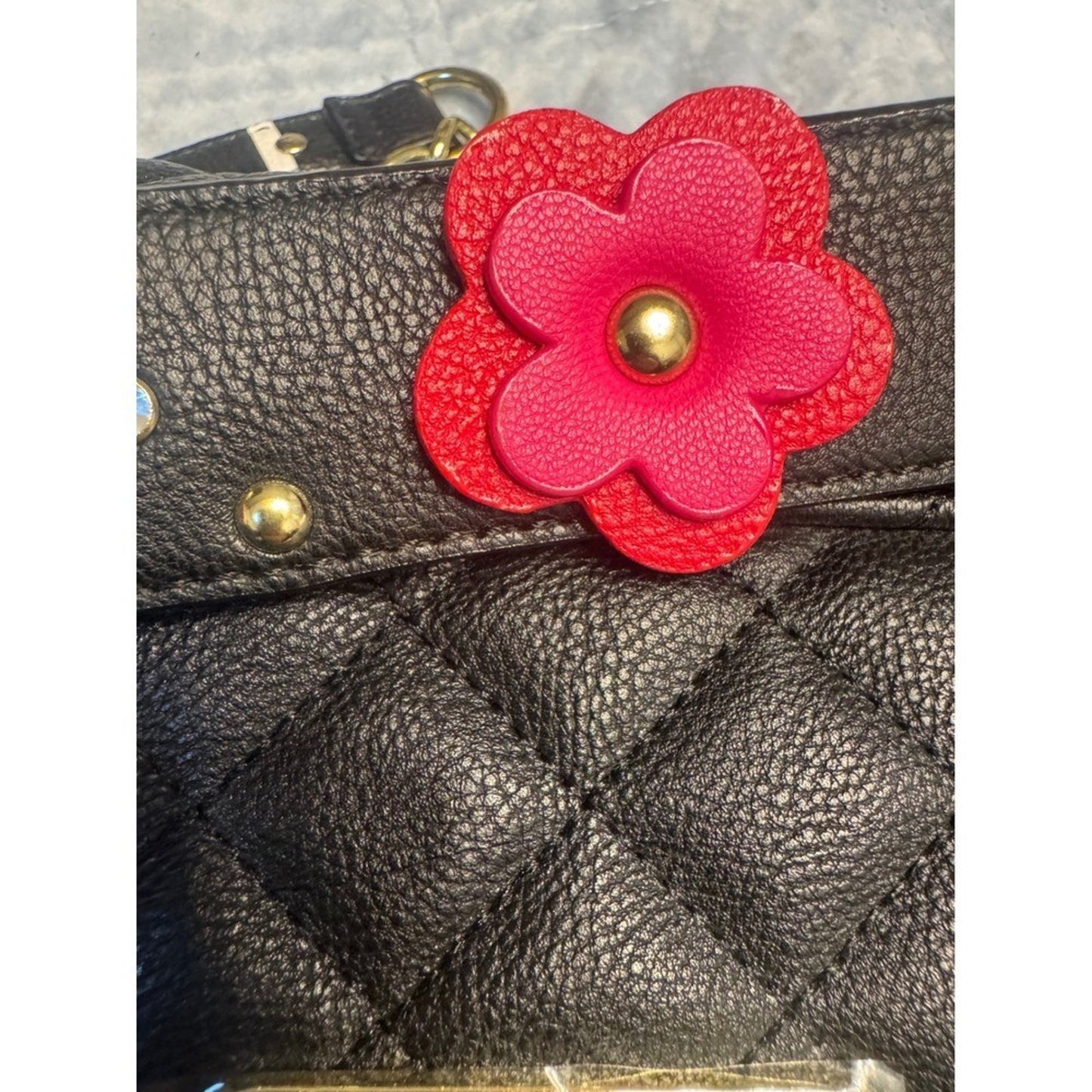 Betsey Johnson Black Quilted Belt Bag with Floral Detail Studded Strap NWT