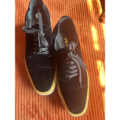 Prada Platform Oxfords Women's Size 8 Black Excellent Velvet Espadrille Trim