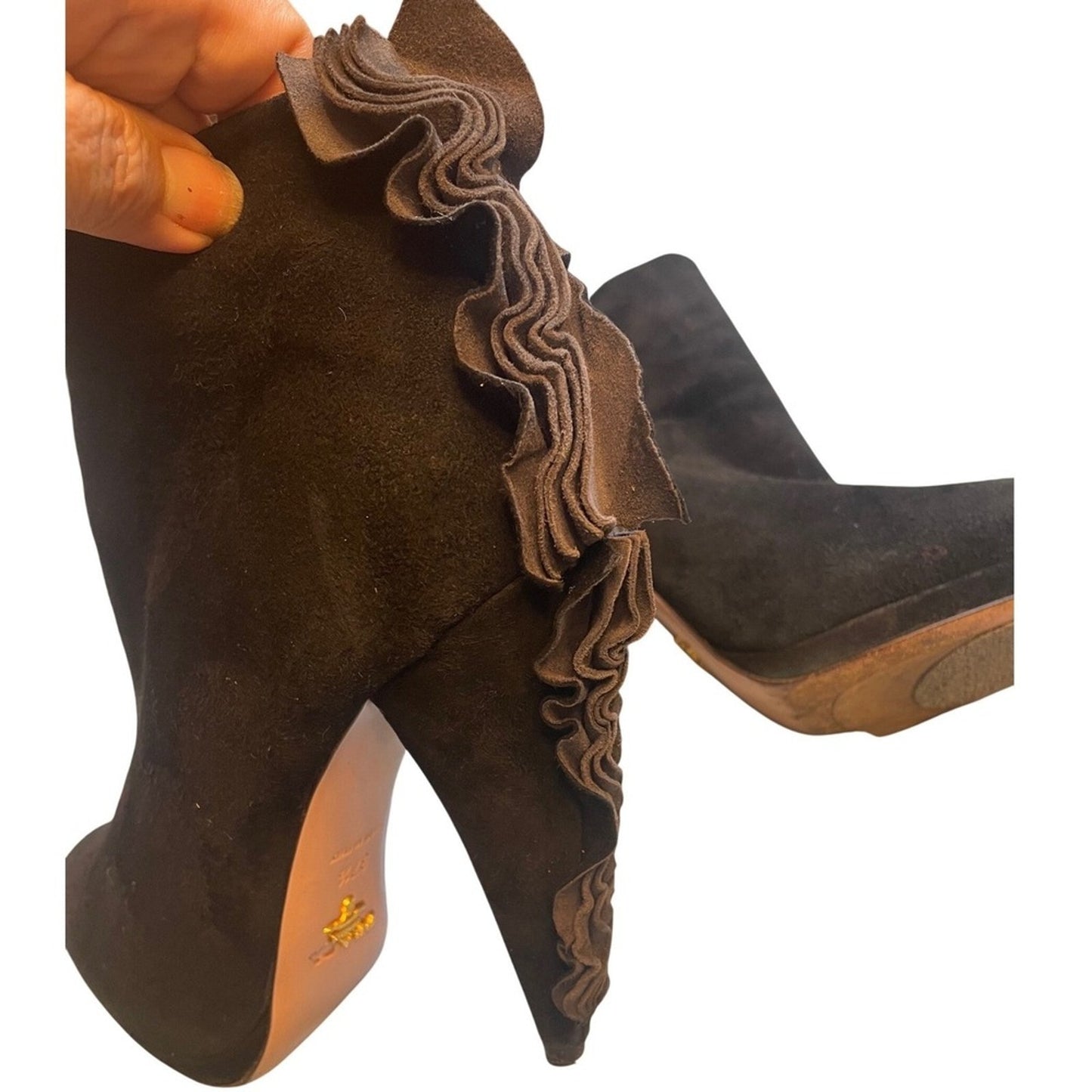 Prada Black Suede Ruffle Accent Ankle Boots Heels Size 37.5  -7.5 -8 Italian