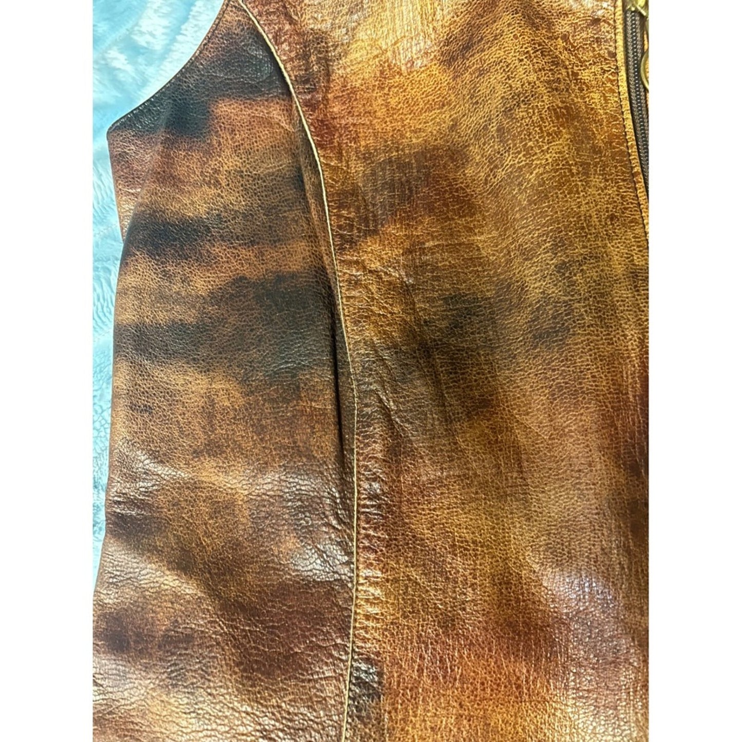 Vintage Leather Longline Vest Women S Brown Embroidered Boho Tribal Zip Good