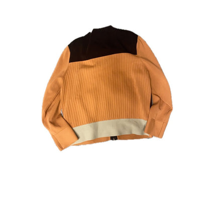 Color Block Zip Up Bomber Jacket Tan Black Ribbed Knit Collar Cuff Hem