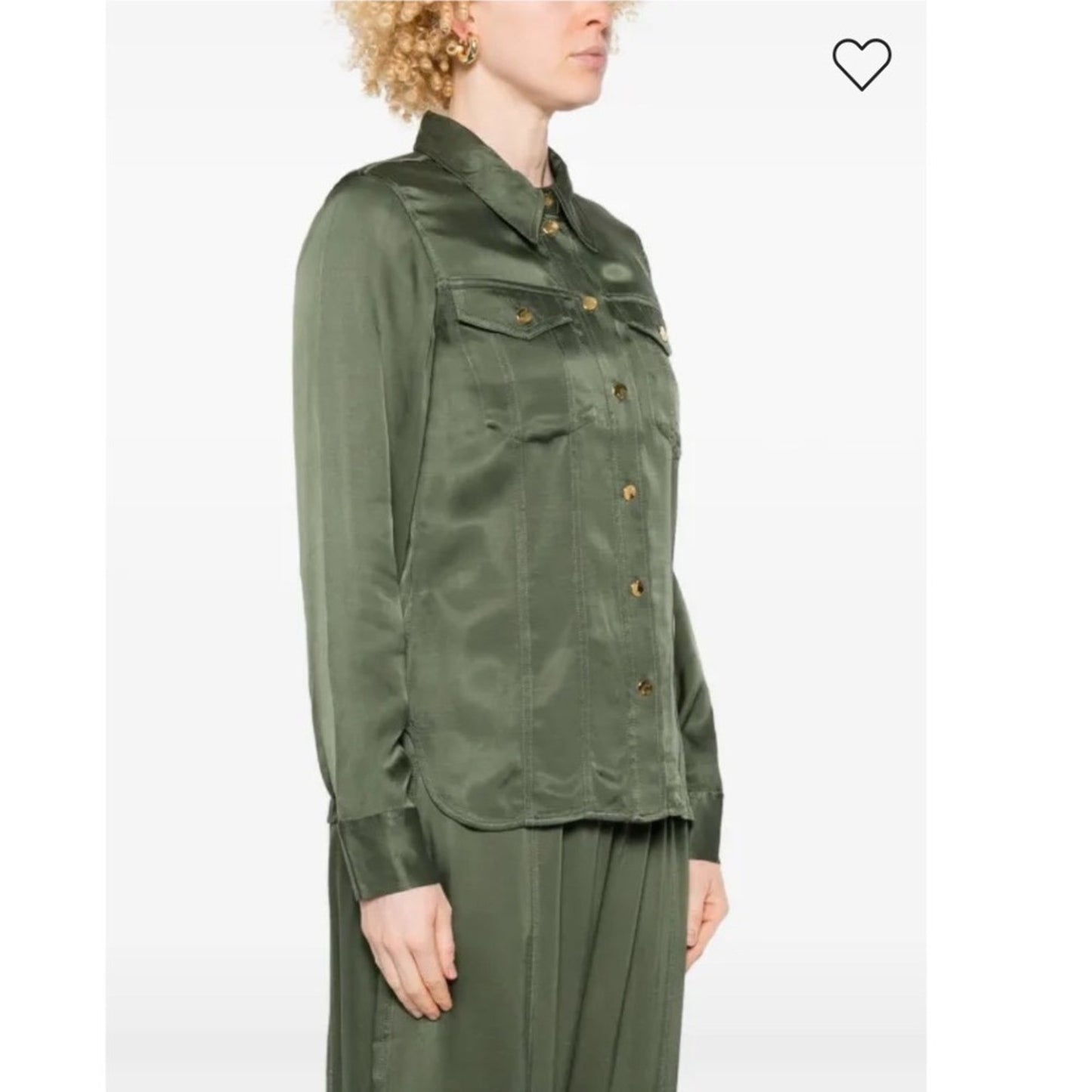 GANNI Satin Utility Shirt Olive Green Long Sleeve Button Up Pockets Size S
