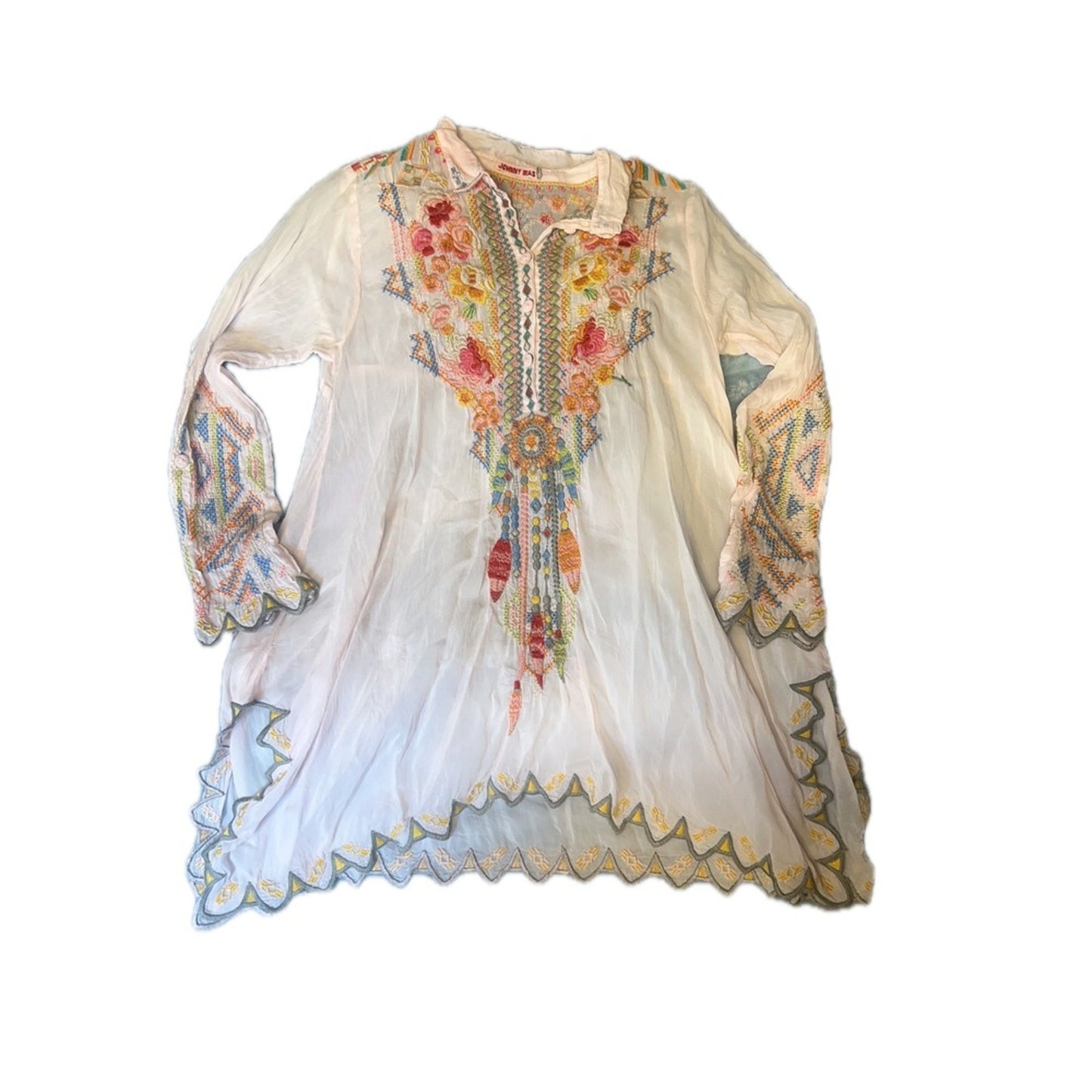 Johnny Was Embroidered Tunic Women Size S Pink Boho Floral Sharkbite Hem