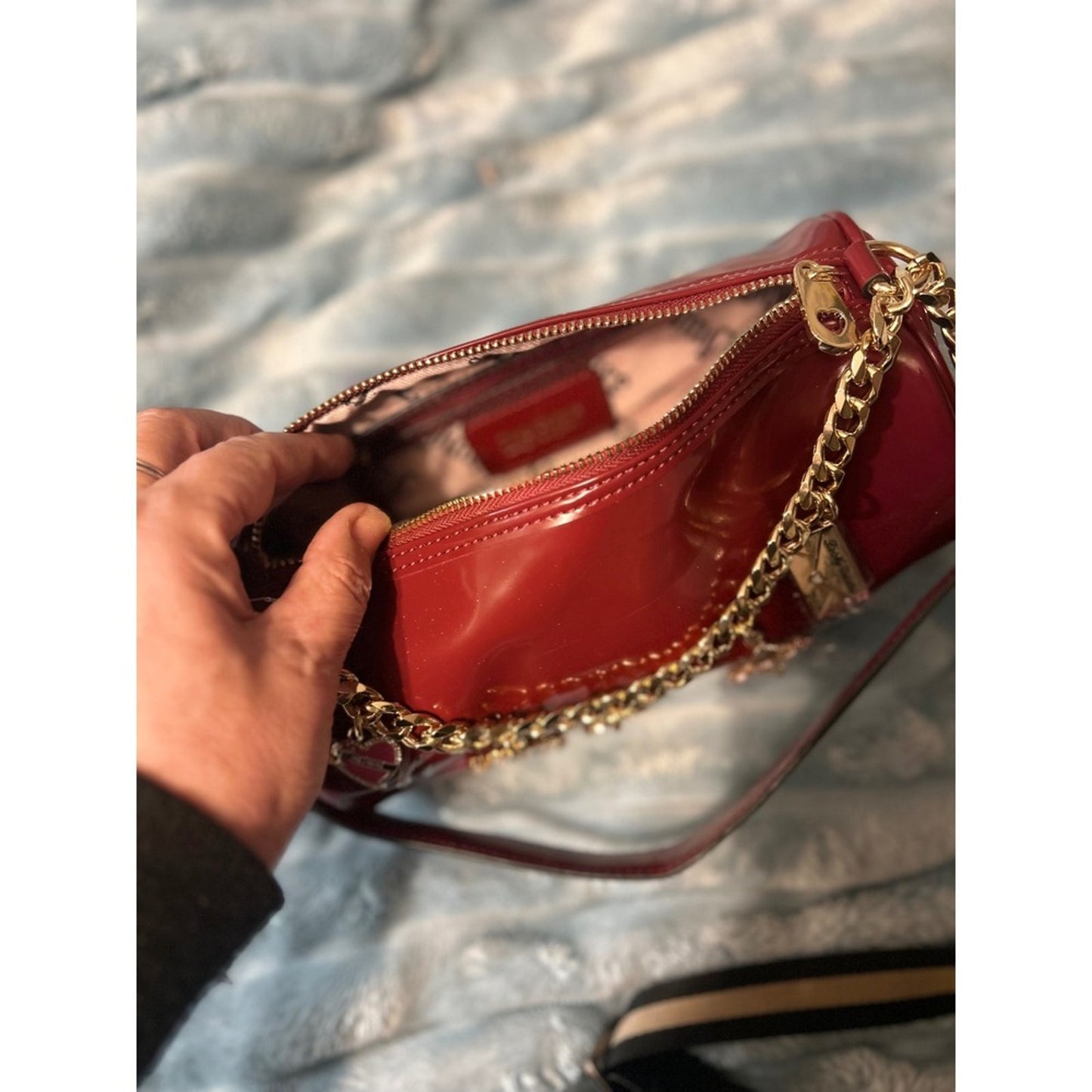 Juicy Couture Barrel Bag Red Patent Gold Chain Charm Shoulder Bag NEW
