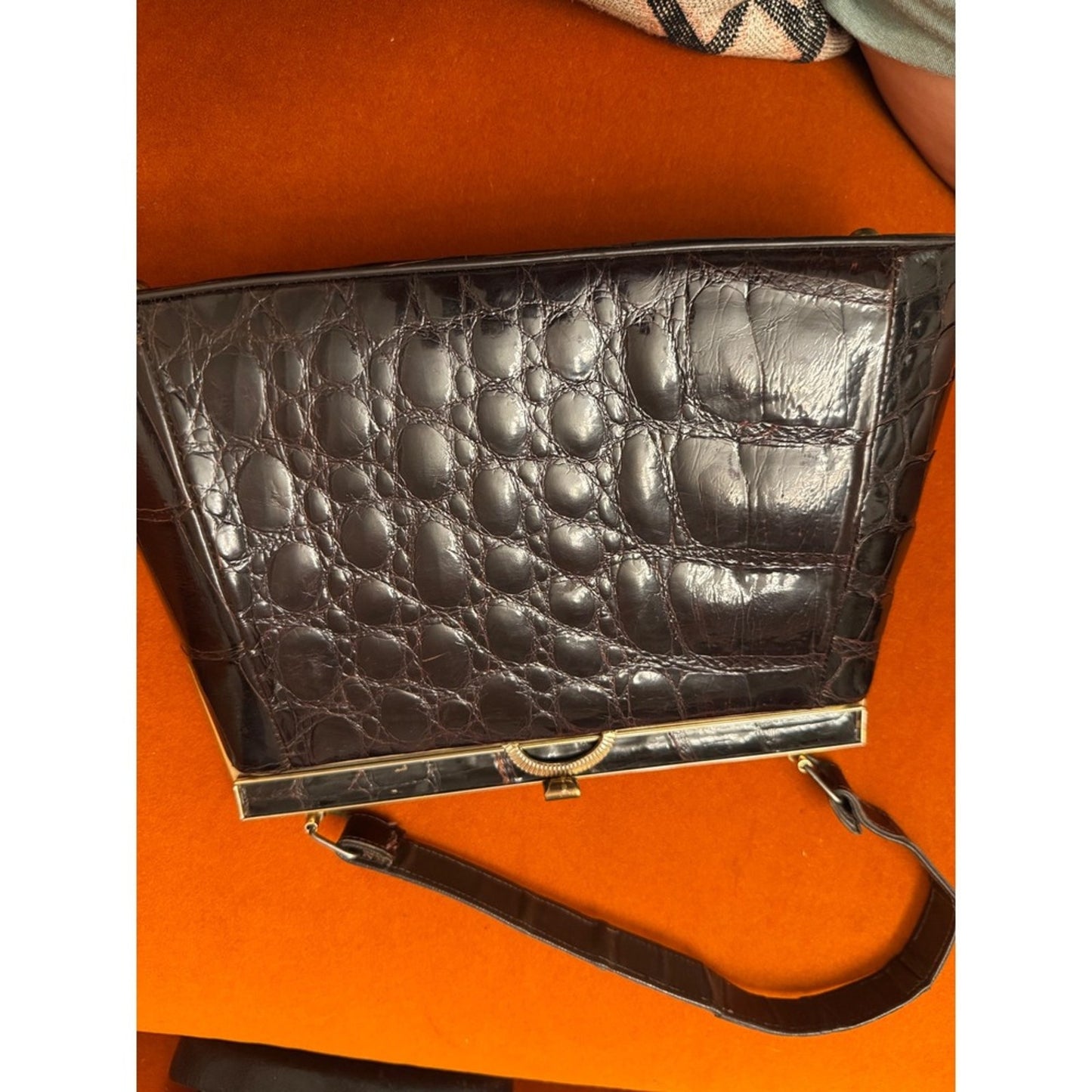 Vintage Brown Croc Embossed Structured Top Handle Bag Gold Frame