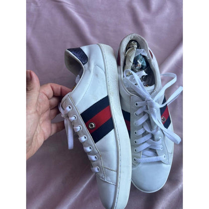 Gucci Ace White Leather Web Stripe Sneakers Mismatched Snakeskin Heel Tabs